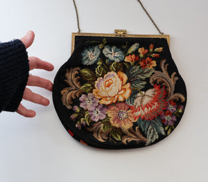 Larger Vintage 1940s British PETIT POINT Tapestry Handbag or Evening Bag with Pink Roses Design. Excellent Condition