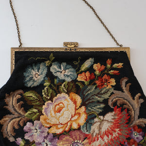 Larger Vintage 1940s British PETIT POINT Tapestry Handbag or Evening Bag with Pink Roses Design. Excellent Condition