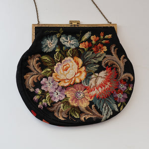Larger Vintage 1940s British PETIT POINT Tapestry Handbag or Evening Bag with Pink Roses Design. Excellent Condition