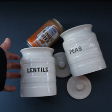 Load image into Gallery viewer, PAIR: Two Vintage Grimwades Style White Hooped Household Jars or Canisters LENTILS &amp; PEAS (black letters)
