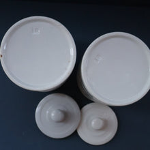 Load image into Gallery viewer, PAIR: Two Vintage Grimwades Style White Hooped Household Jars or Canisters LENTILS &amp; PEAS (black letters)
