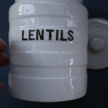 Load image into Gallery viewer, PAIR: Two Vintage Grimwades Style White Hooped Household Jars or Canisters LENTILS &amp; PEAS (black letters)
