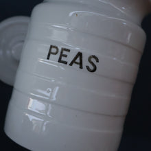 Load image into Gallery viewer, PAIR: Two Vintage Grimwades Style White Hooped Household Jars or Canisters LENTILS &amp; PEAS (black letters)
