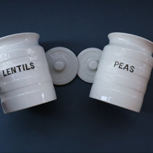 Load image into Gallery viewer, PAIR: Two Vintage Grimwades Style White Hooped Household Jars or Canisters LENTILS &amp; PEAS (black letters)
