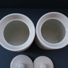 Load image into Gallery viewer, PAIR: Two Vintage Grimwades Style White Hooped Household Jars or Canisters LENTILS &amp; PEAS (black letters)
