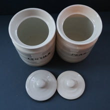 Load image into Gallery viewer, PAIR: Two Vintage Grimwades Style White Hooped Household Jars or Canisters LENTILS &amp; PEAS (black letters)
