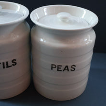 Load image into Gallery viewer, PAIR: Two Vintage Grimwades Style White Hooped Household Jars or Canisters LENTILS &amp; PEAS (black letters)
