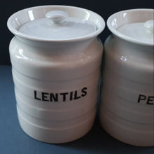 Load image into Gallery viewer, PAIR: Two Vintage Grimwades Style White Hooped Household Jars or Canisters LENTILS &amp; PEAS (black letters)
