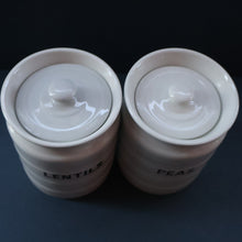 Load image into Gallery viewer, PAIR: Two Vintage Grimwades Style White Hooped Household Jars or Canisters LENTILS &amp; PEAS (black letters)
