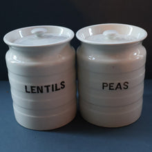 Load image into Gallery viewer, PAIR: Two Vintage Grimwades Style White Hooped Household Jars or Canisters LENTILS &amp; PEAS (black letters)
