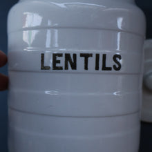 Load image into Gallery viewer, Vintage Grimwades Style White Hooped Household Jar or Canister. LENTILS (black letters)
