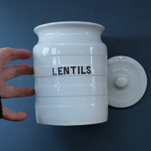 Load image into Gallery viewer, Vintage Grimwades Style White Hooped Household Jar or Canister. LENTILS (black letters)

