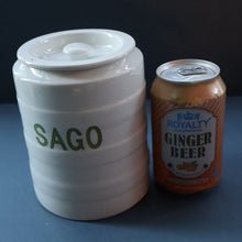 Load image into Gallery viewer, Early 20th Century Antique Grimwades White Hooped Household Jar or Canister. SAGO (in green letters)
