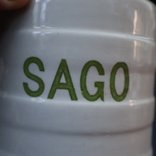 Load image into Gallery viewer, Early 20th Century Antique Grimwades White Hooped Household Jar or Canister. SAGO (in green letters)
