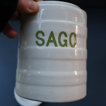 Load image into Gallery viewer, Early 20th Century Antique Grimwades White Hooped Household Jar or Canister. SAGO (in green letters)
