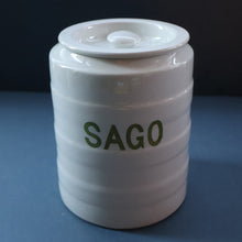 Load image into Gallery viewer, Early 20th Century Antique Grimwades White Hooped Household Jar or Canister. SAGO (in green letters)

