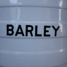 Load image into Gallery viewer, Vintage Grimwades Style White Hooped Household Jar or Canister. BARLEY (black letters)
