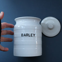 Load image into Gallery viewer, Vintage Grimwades Style White Hooped Household Jar or Canister. BARLEY (black letters)
