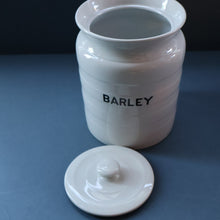 Load image into Gallery viewer, Vintage Grimwades Style White Hooped Household Jar or Canister. BARLEY (black letters)
