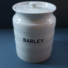 Load image into Gallery viewer, Vintage Grimwades Style White Hooped Household Jar or Canister. BARLEY (black letters)
