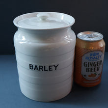 Load image into Gallery viewer, Vintage Grimwades Style White Hooped Household Jar or Canister. BARLEY (black letters)
