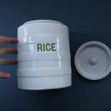 Load image into Gallery viewer, Early 20th Century Antique Grimwades White Hooped Household Jar or Canister. RICE (in green letters)
