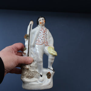 Unusual ANTIQUE Victorian Staffordshire Figurine of a Little Shepherd with Sheep at his Feet