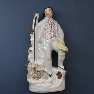 Unusual ANTIQUE Victorian Staffordshire Figurine of a Little Shepherd with Sheep at his Feet