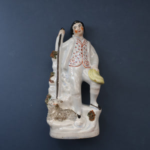 Unusual ANTIQUE Victorian Staffordshire Figurine of a Little Shepherd with Sheep at his Feet