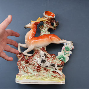 ANTIQUE 1870s Staffordshire Figurine. A Leaping Stag & Dog Spill Vase; Possibly by Sampson Smith