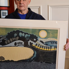 Load image into Gallery viewer, LARGE 1960s Linocut by GRAHAM CLARKE (b. 1944). Entitled "Behind Shoreham". Pencil Signed
