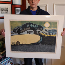 Load image into Gallery viewer, LARGE 1960s Linocut by GRAHAM CLARKE (b. 1944). Entitled "Behind Shoreham". Pencil Signed
