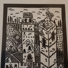 Load image into Gallery viewer, SCOTTISH ART. Jane Hyslop (RSA). Linocut of the town of San Gimignano, Tuscany
