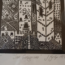 Load image into Gallery viewer, SCOTTISH ART. Jane Hyslop (RSA). Linocut of the town of San Gimignano, Tuscany
