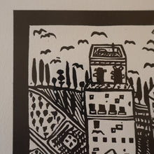 Load image into Gallery viewer, SCOTTISH ART. Jane Hyslop (RSA). Linocut of the town of San Gimignano, Tuscany
