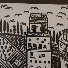 Load image into Gallery viewer, SCOTTISH ART. Jane Hyslop (RSA). Linocut of the town of San Gimignano, Tuscany

