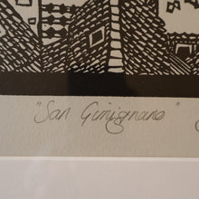 Load image into Gallery viewer, SCOTTISH ART. Jane Hyslop (RSA). Linocut of the town of San Gimignano, Tuscany
