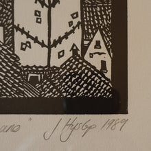 Load image into Gallery viewer, SCOTTISH ART. Jane Hyslop (RSA). Linocut of the town of San Gimignano, Tuscany
