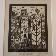 Load image into Gallery viewer, SCOTTISH ART. Jane Hyslop (RSA). Linocut of the town of San Gimignano, Tuscany
