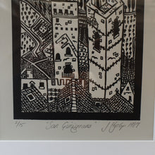 Load image into Gallery viewer, SCOTTISH ART. Jane Hyslop (RSA). Linocut of the town of San Gimignano, Tuscany
