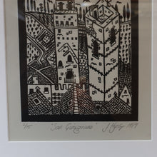 Load image into Gallery viewer, SCOTTISH ART. Jane Hyslop (RSA). Linocut of the town of San Gimignano, Tuscany
