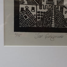 Load image into Gallery viewer, SCOTTISH ART. Jane Hyslop (RSA). Linocut of the town of San Gimignano, Tuscany
