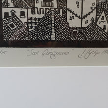 Load image into Gallery viewer, SCOTTISH ART. Jane Hyslop (RSA). Linocut of the town of San Gimignano, Tuscany
