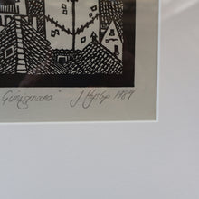 Load image into Gallery viewer, SCOTTISH ART. Jane Hyslop (RSA). Linocut of the town of San Gimignano, Tuscany
