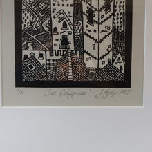 Load image into Gallery viewer, SCOTTISH ART. Jane Hyslop (RSA). Linocut of the town of San Gimignano, Tuscany
