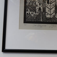 Load image into Gallery viewer, SCOTTISH ART. Jane Hyslop (RSA). Linocut of the town of San Gimignano, Tuscany
