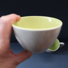 Load image into Gallery viewer, Selection of 1950s Poole Twintone Tablewares LIME GREEN AND SEAGULL. Four Trios, Large Side Plate &amp; Milk and Sugar Jug
