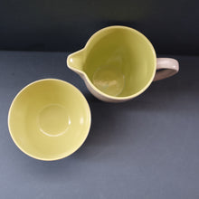 Load image into Gallery viewer, Selection of 1950s Poole Twintone Tablewares LIME GREEN AND SEAGULL. Four Trios, Large Side Plate &amp; Milk and Sugar Jug
