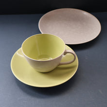 Load image into Gallery viewer, Selection of 1950s Poole Twintone Tablewares LIME GREEN AND SEAGULL. Four Trios, Large Side Plate &amp; Milk and Sugar Jug
