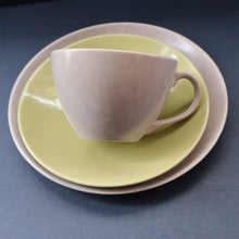 Load image into Gallery viewer, Selection of 1950s Poole Twintone Tablewares LIME GREEN AND SEAGULL. Four Trios, Large Side Plate &amp; Milk and Sugar Jug
